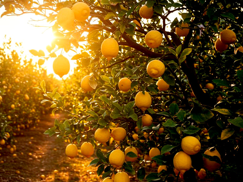 A lemon tree orchard at harvest time