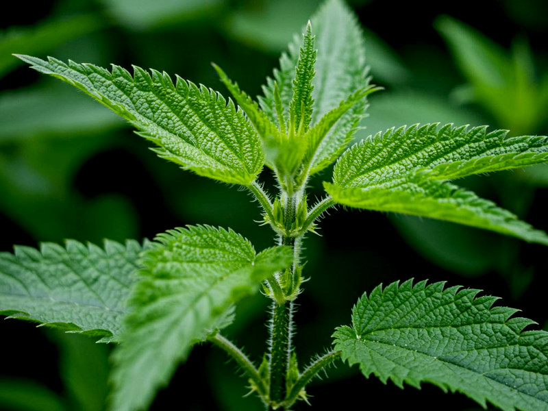 A close shot of a nettle stem showing hair spines and leaf shape, texture and arrangement