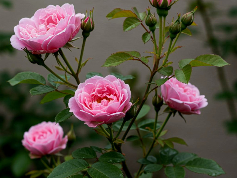 A rose plant with open, pink blooms