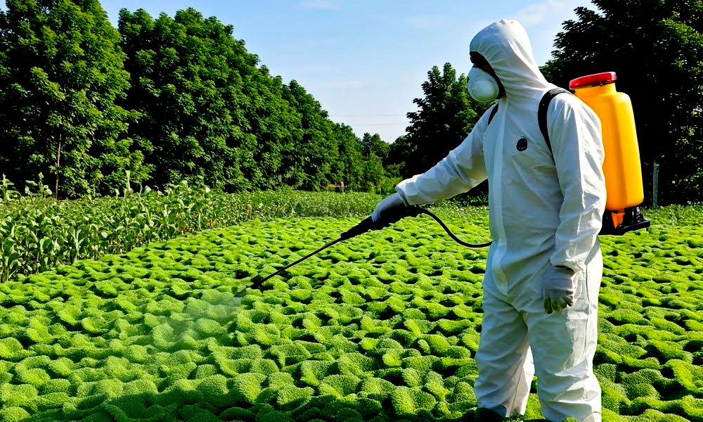 A man in a white protective suit and mask, spraying a crop from a toxic backpack tank.