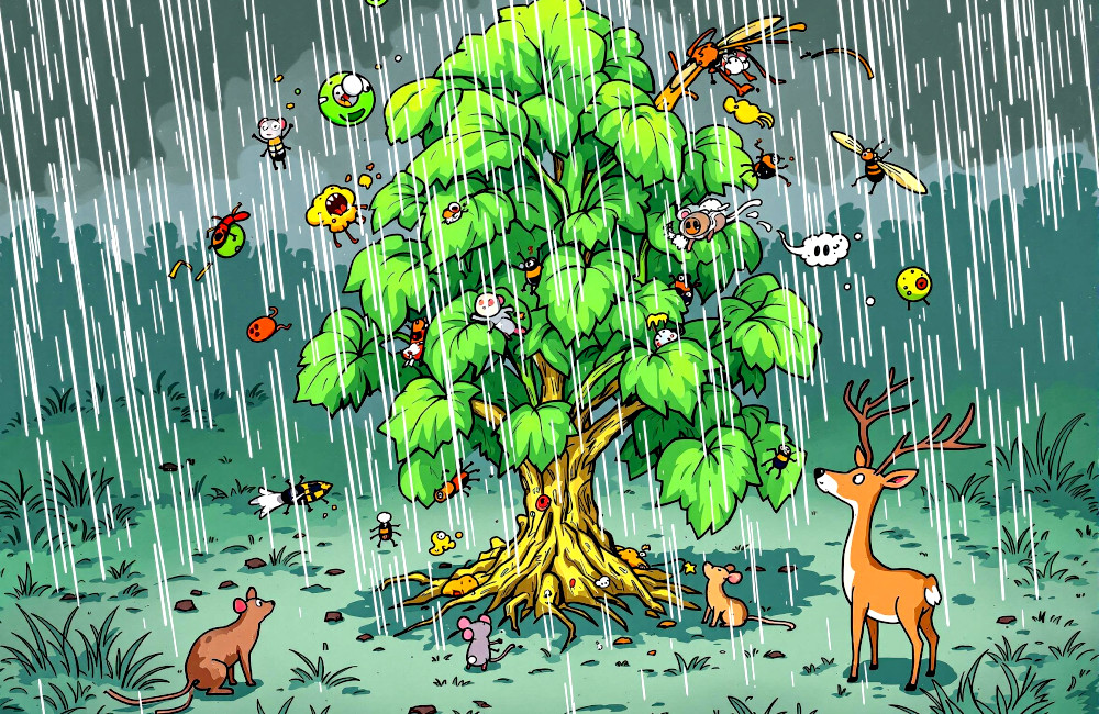An illustration of a generic tree-like plant being attacked by multiple different creatures, including bacteria, beetles, mice, and deer.